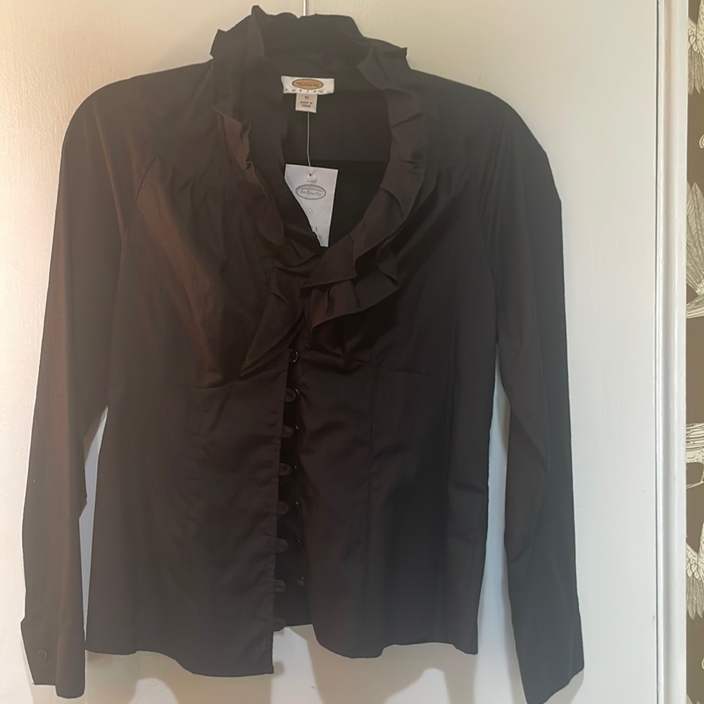 Talbots black pique with ruffle neckline button down